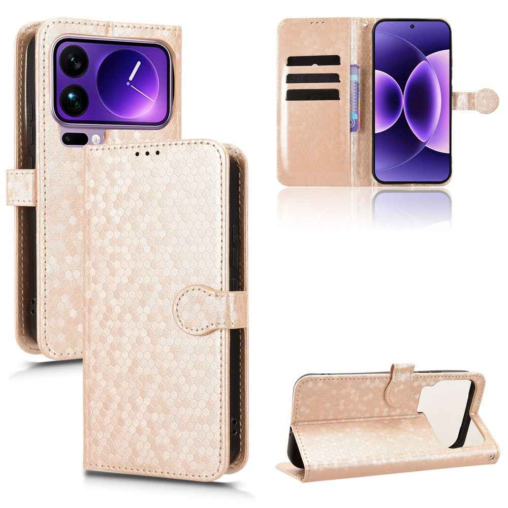 For Xiaomi 17 Pro Wallet Case Dot Pattern Imprint PU Leather Phone Cover with Wrist Strap - Rose Gold