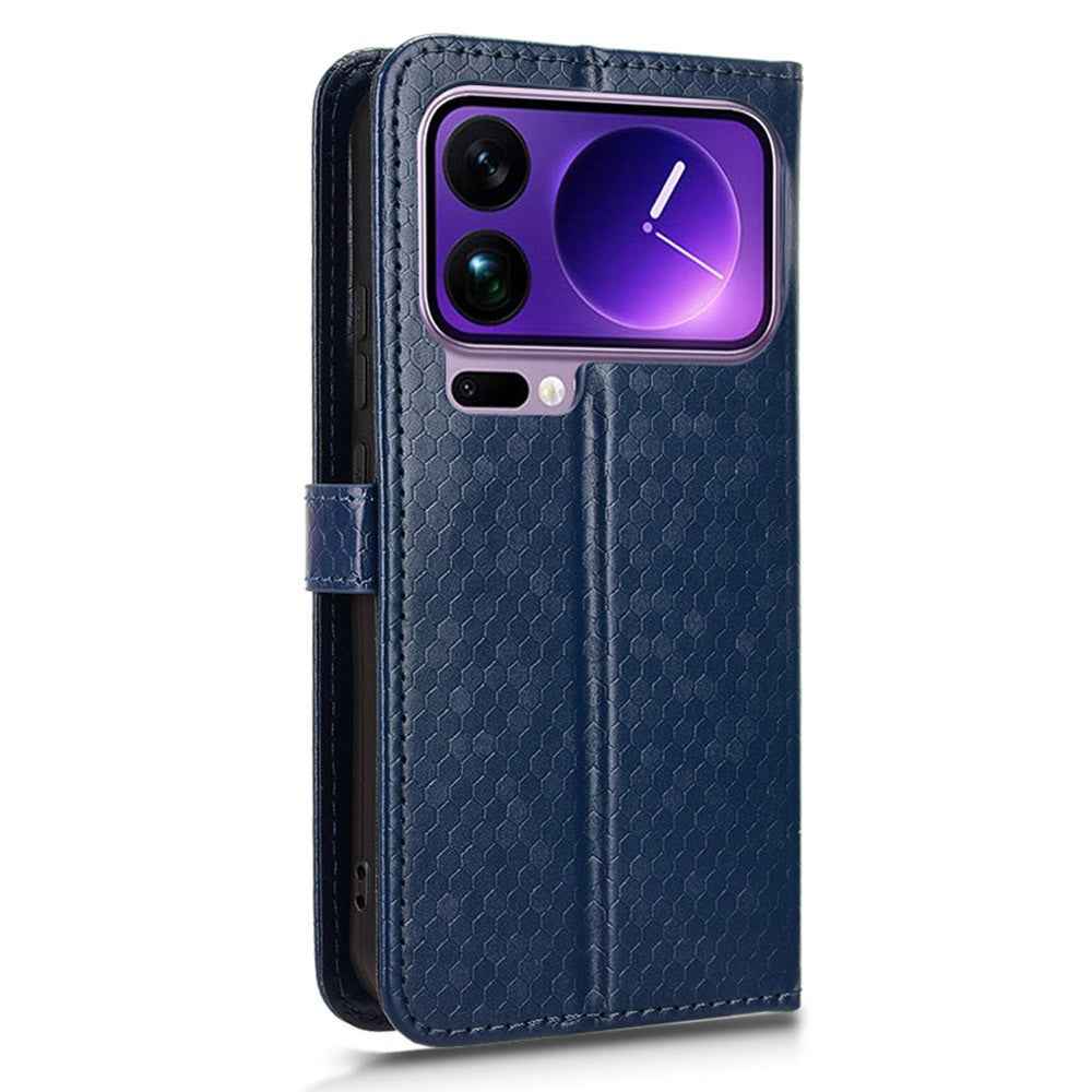 For Xiaomi 17 Pro Wallet Case Dot Pattern Imprint PU Leather Phone Cover with Wrist Strap - Dark Blue