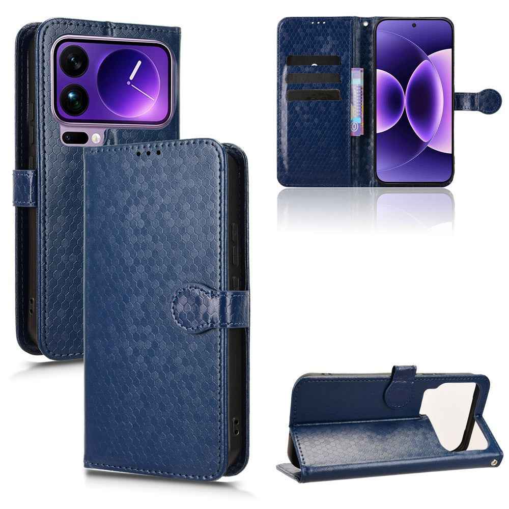 For Xiaomi 17 Pro Wallet Case Dot Pattern Imprint PU Leather Phone Cover with Wrist Strap - Dark Blue