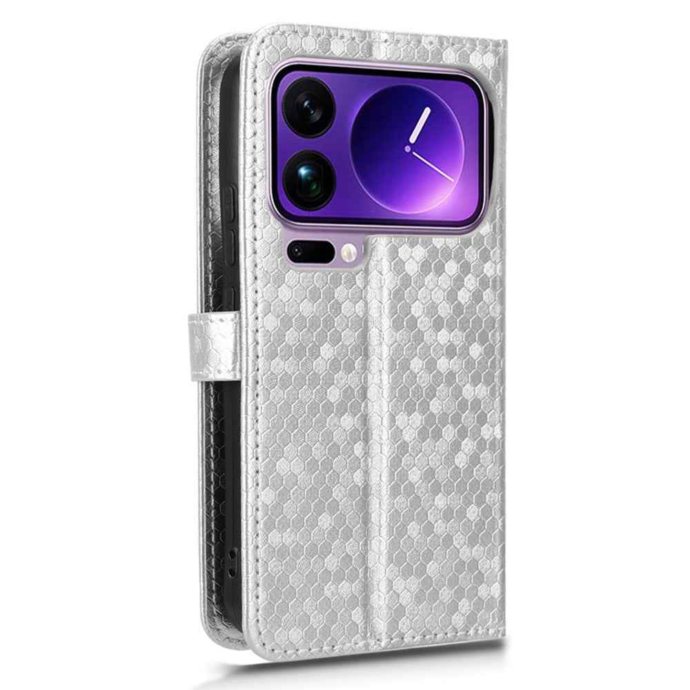 For Xiaomi 17 Pro Wallet Case Dot Pattern Imprint PU Leather Phone Cover with Wrist Strap - Silver