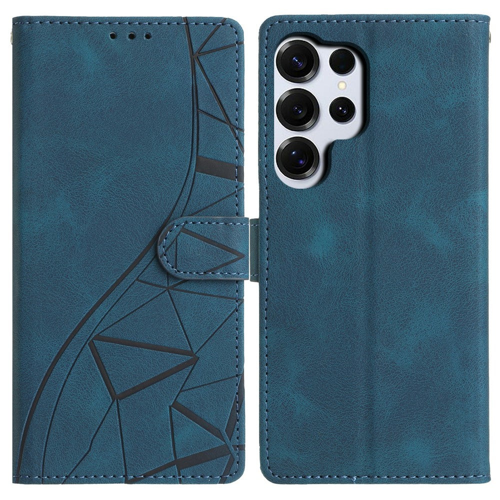 For-Samsung-Galaxy-S26-Ultra-Case-Wallet-Stand-Imprinted-Triangle-Pattern-Leather-Phone-Flip-Cover-Blue
