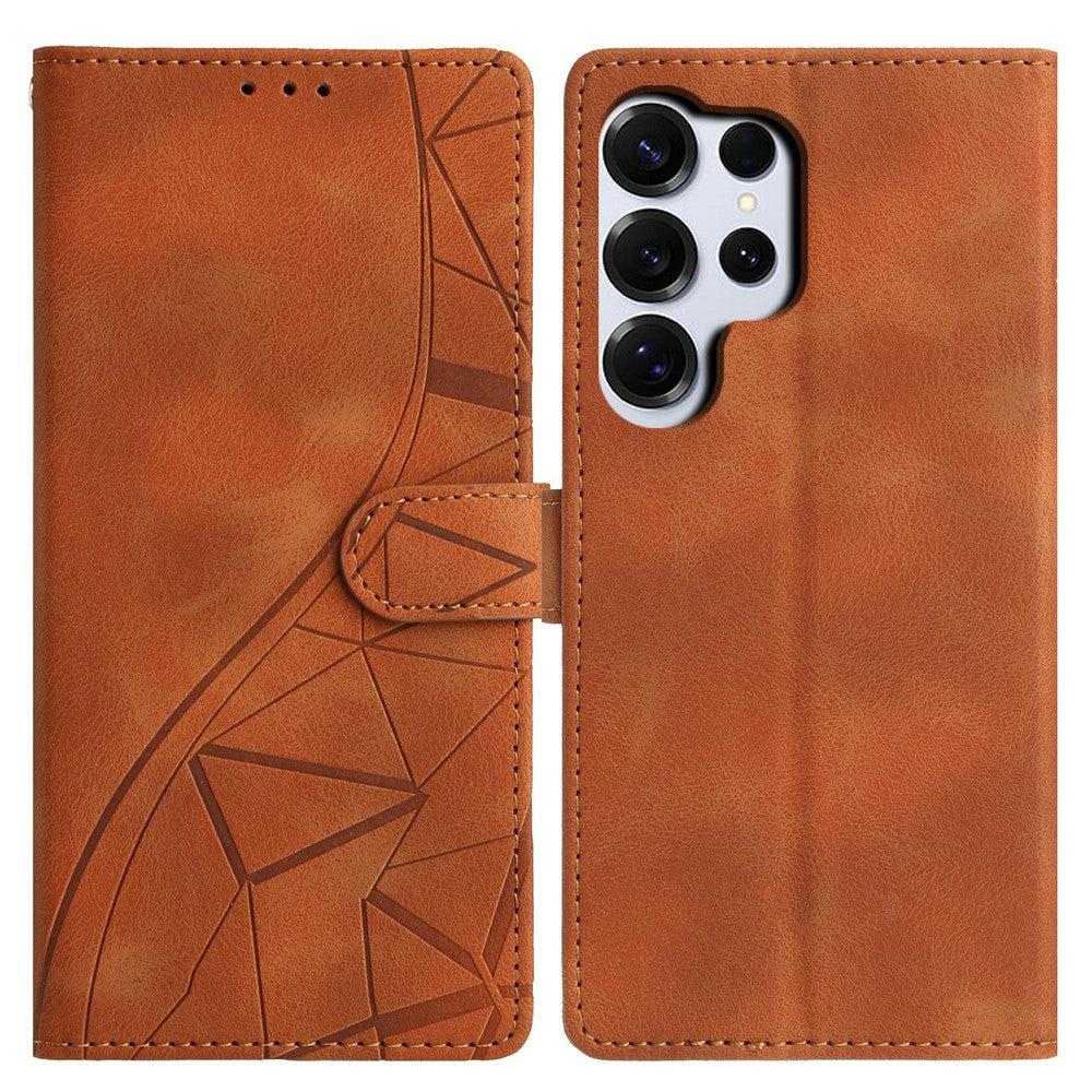 For-Samsung-Galaxy-S26-Ultra-Case-Wallet-Stand-Imprinted-Triangle-Pattern-Leather-Phone-Flip-Cover-Brown