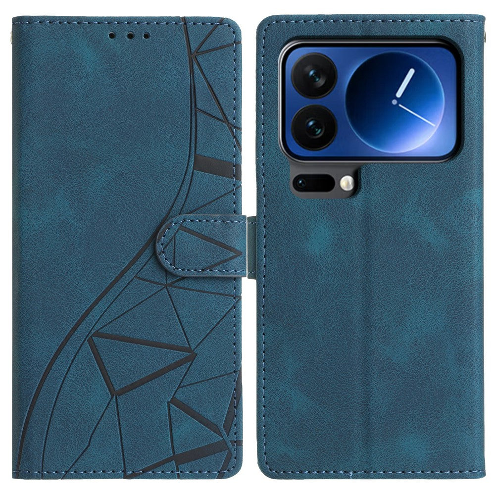For Xiaomi 17 Pro Max Case Wallet Stand Imprinted Triangle Pattern Leather Phone Flip Cover - Blue