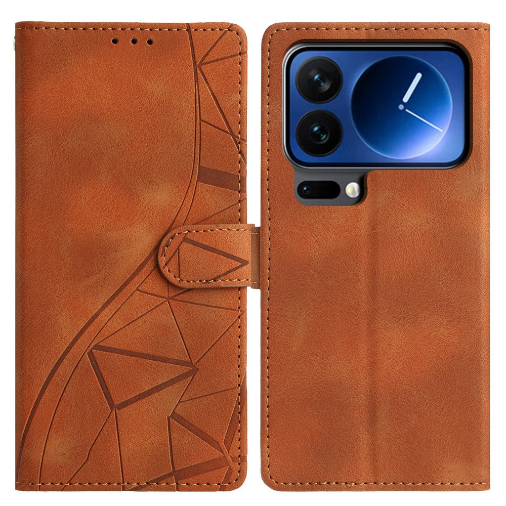 For Xiaomi 17 Pro Max Case Wallet Stand Imprinted Triangle Pattern Leather Phone Flip Cover - Brown