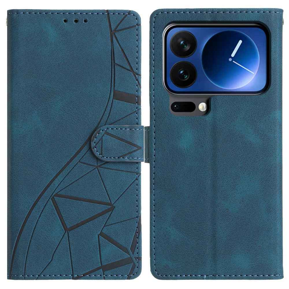 For Xiaomi 17 Pro Case Wallet Stand Imprinted Triangle Pattern Leather Phone Flip Cover - Blue