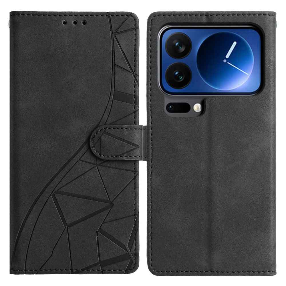 For Xiaomi 17 Pro Case Wallet Stand Imprinted Triangle Pattern Leather Phone Flip Cover - Black