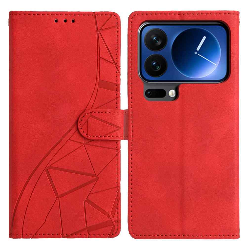 For Xiaomi 17 Pro Case Wallet Stand Imprinted Triangle Pattern Leather Phone Flip Cover - Red