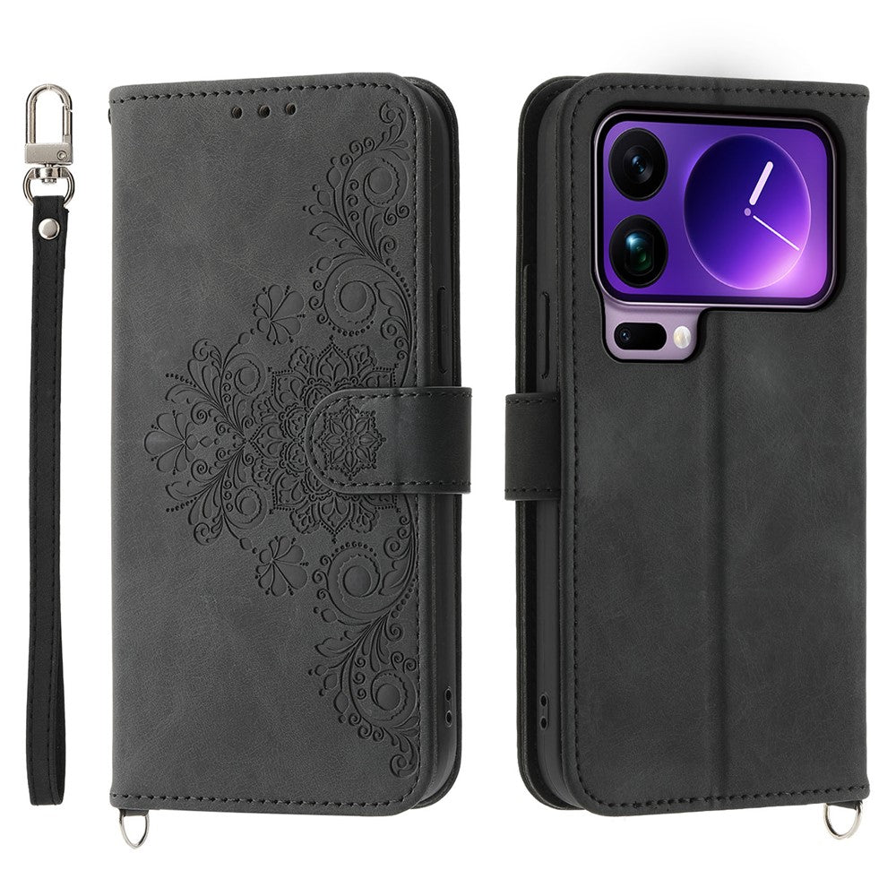 For Xiaomi 17 Pro Max Case Flower Pattern PU Leather Wallet Phone Cover with Strap - Black