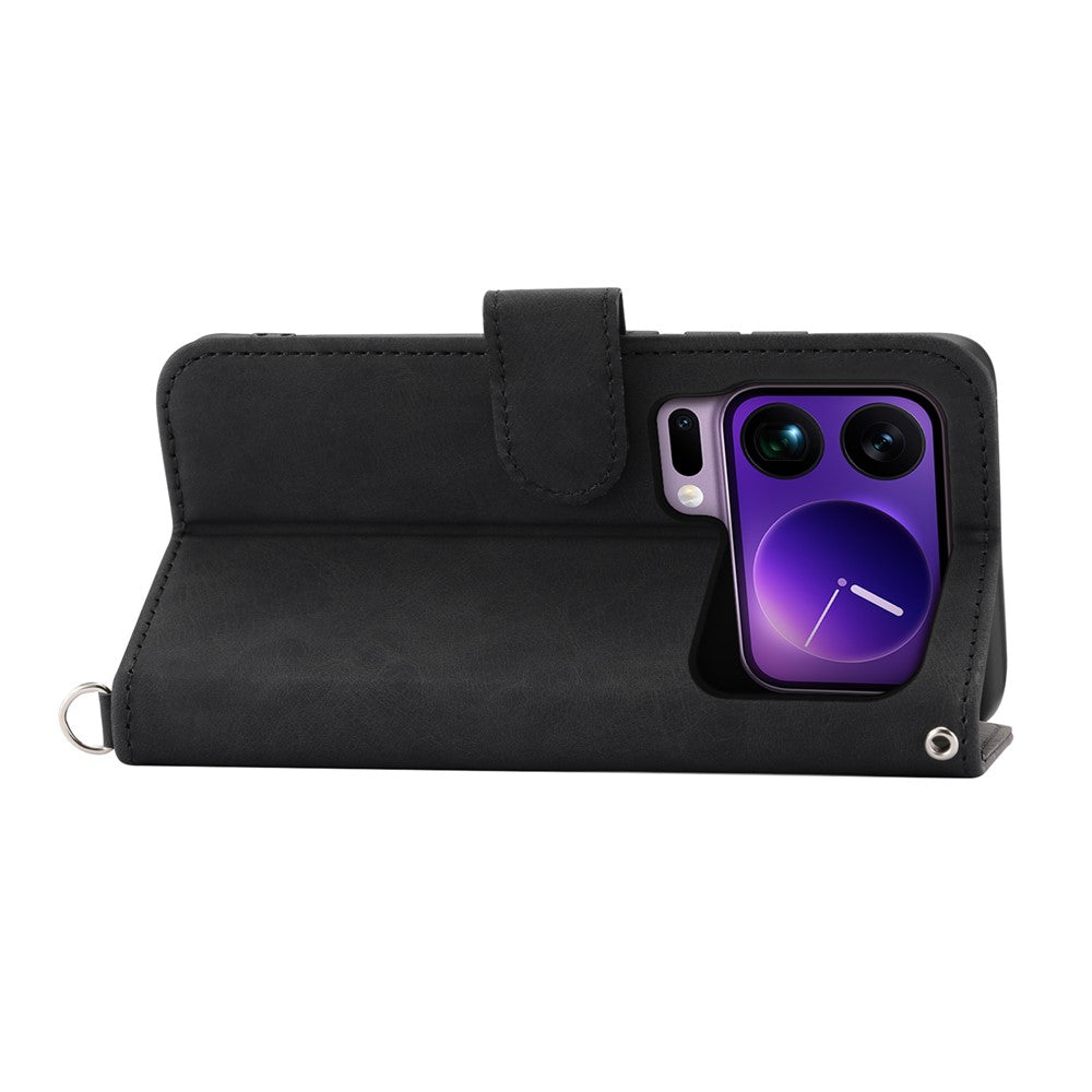 For Xiaomi 17 Pro Max Case Flower Pattern PU Leather Wallet Phone Cover with Strap - Black