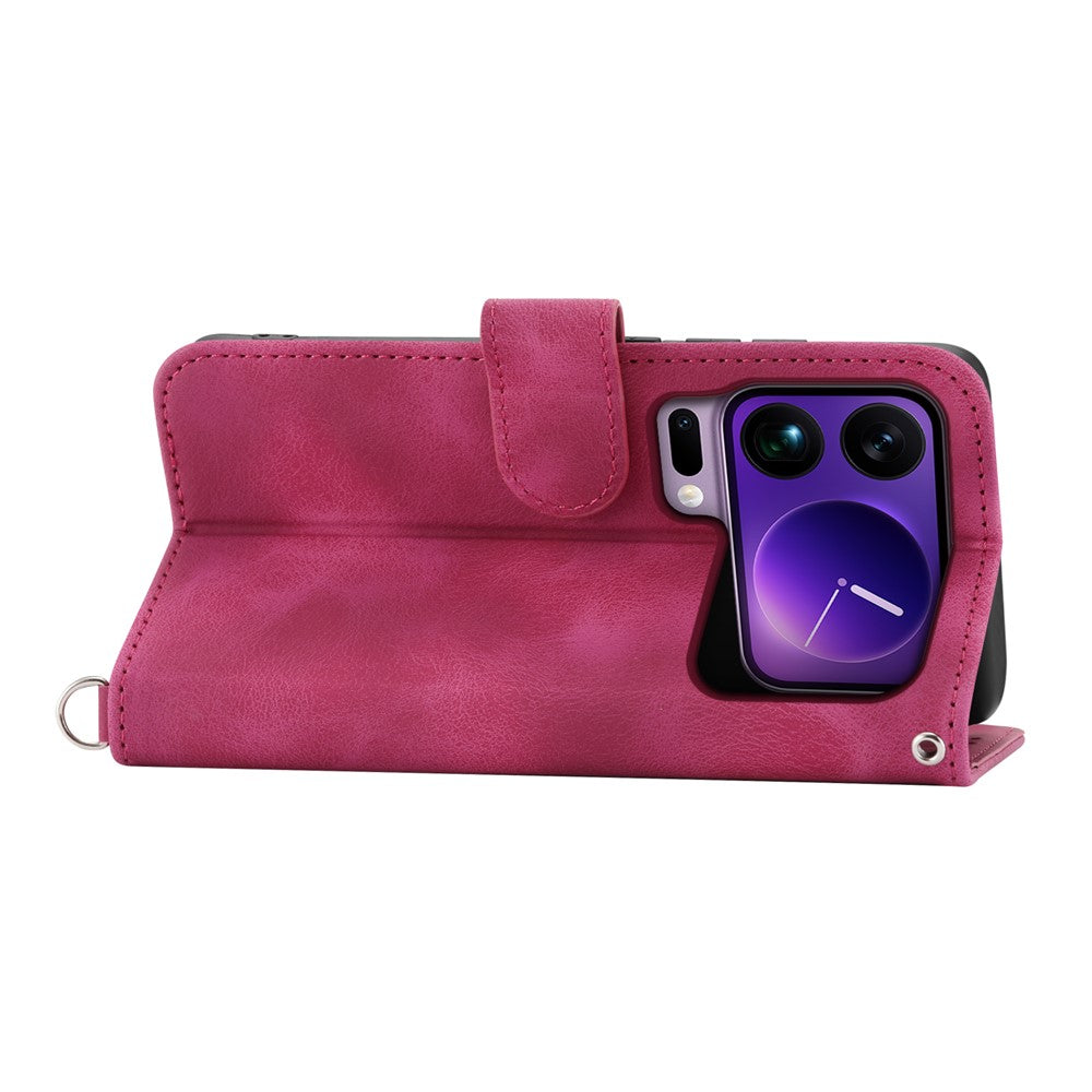 For Xiaomi 17 Pro Max Case Flower Pattern PU Leather Wallet Phone Cover with Strap - Wine Red