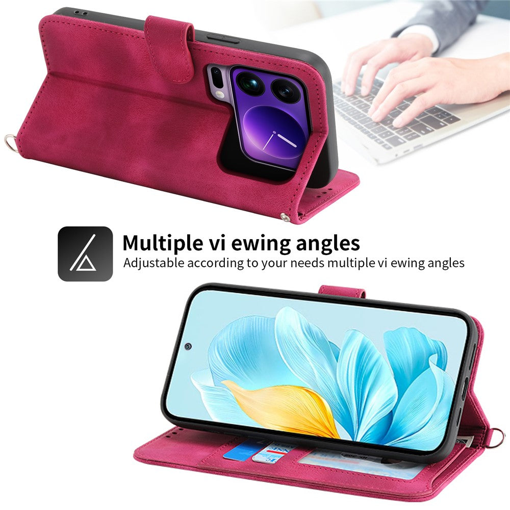 For Xiaomi 17 Pro Max Case Flower Pattern PU Leather Wallet Phone Cover with Strap - Wine Red