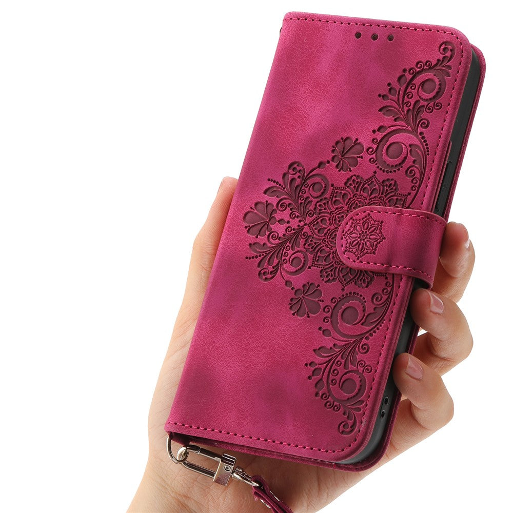 For Xiaomi 17 Pro Max Case Flower Pattern PU Leather Wallet Phone Cover with Strap - Wine Red