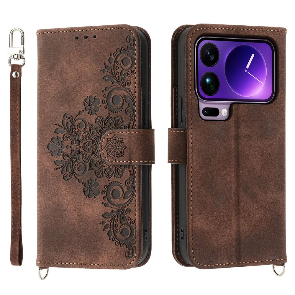 For Xiaomi 17 Pro Max Case Flower Pattern PU Leather Wallet Phone Cover with Strap - Brown