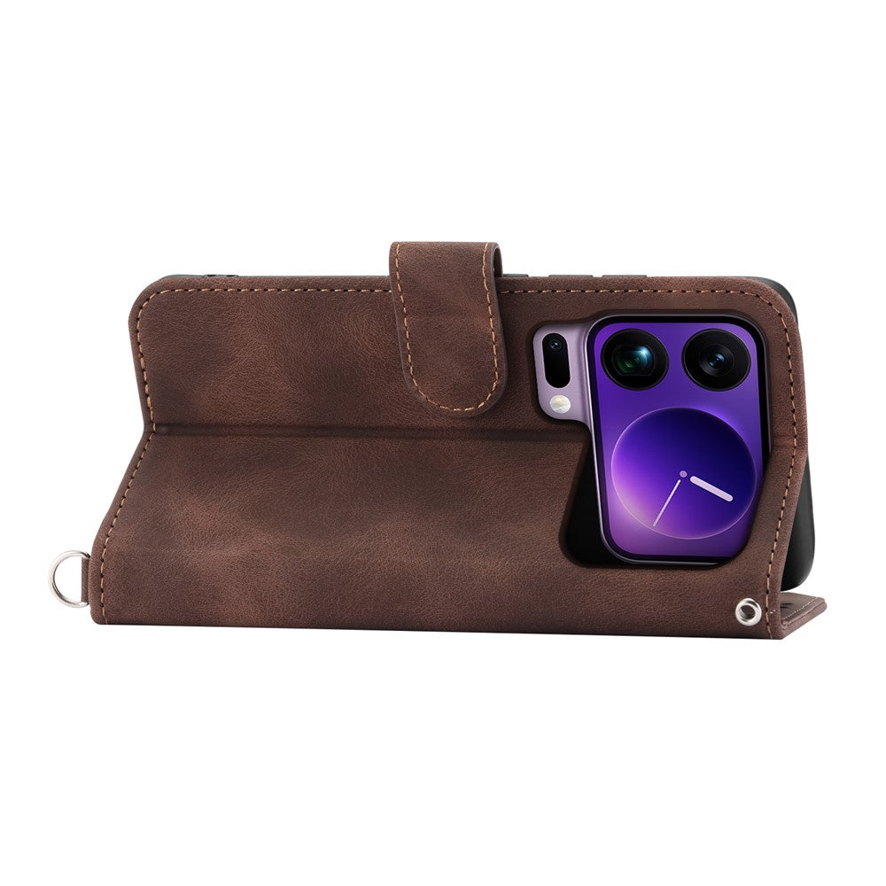 For Xiaomi 17 Pro Max Case Flower Pattern PU Leather Wallet Phone Cover with Strap - Brown