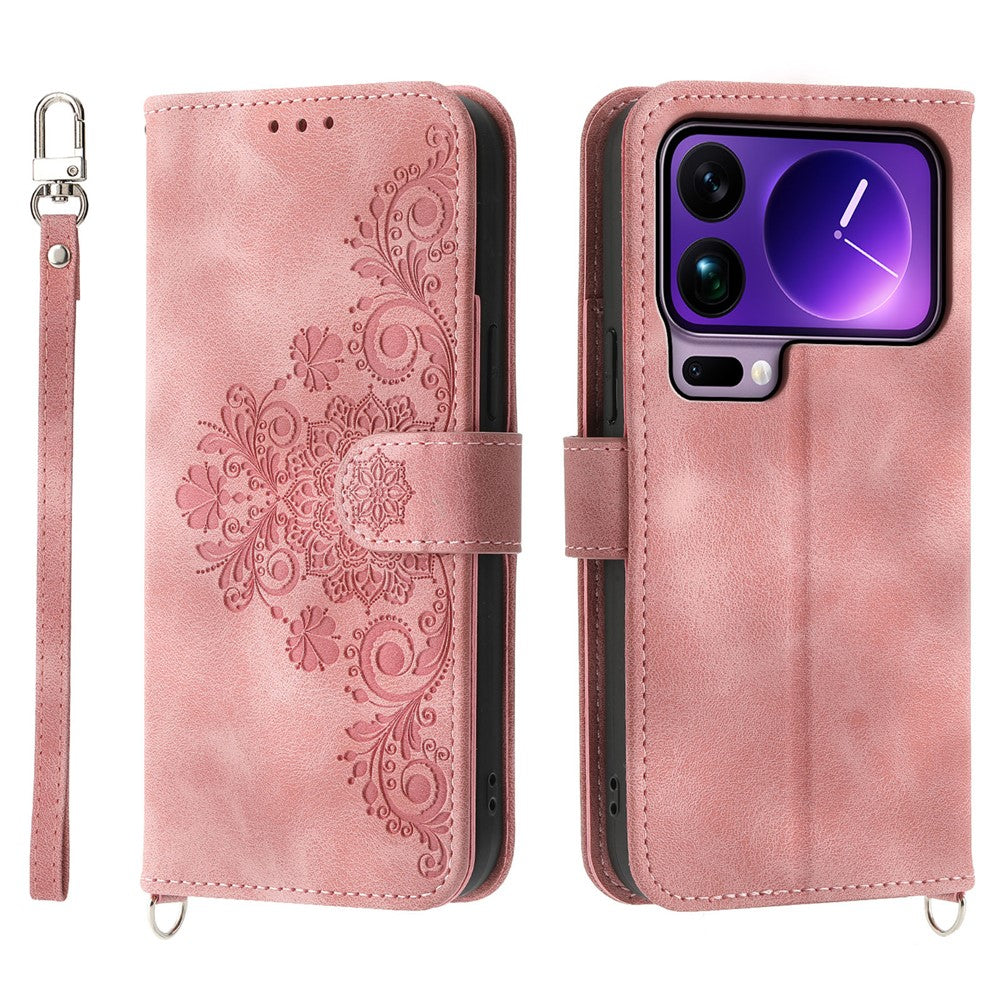 For Xiaomi 17 Pro Max Case Flower Pattern PU Leather Wallet Phone Cover with Strap - Pink