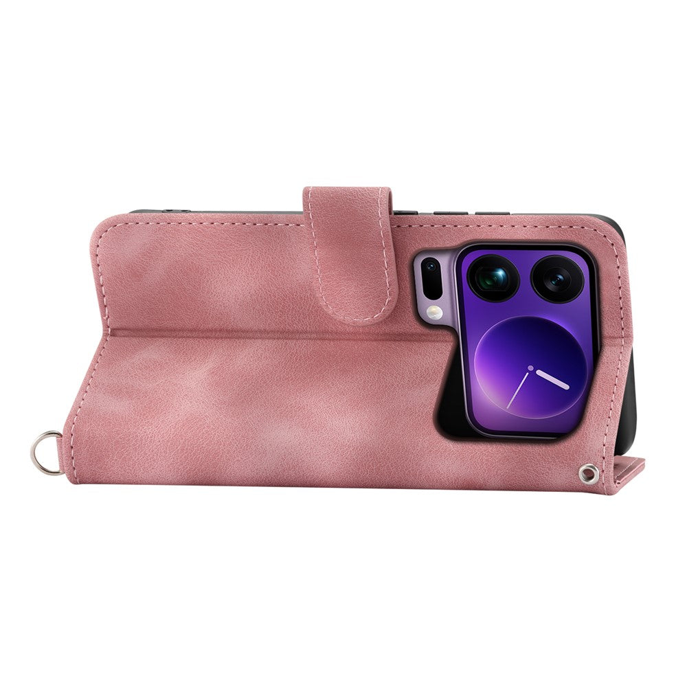 For Xiaomi 17 Pro Max Case Flower Pattern PU Leather Wallet Phone Cover with Strap - Pink