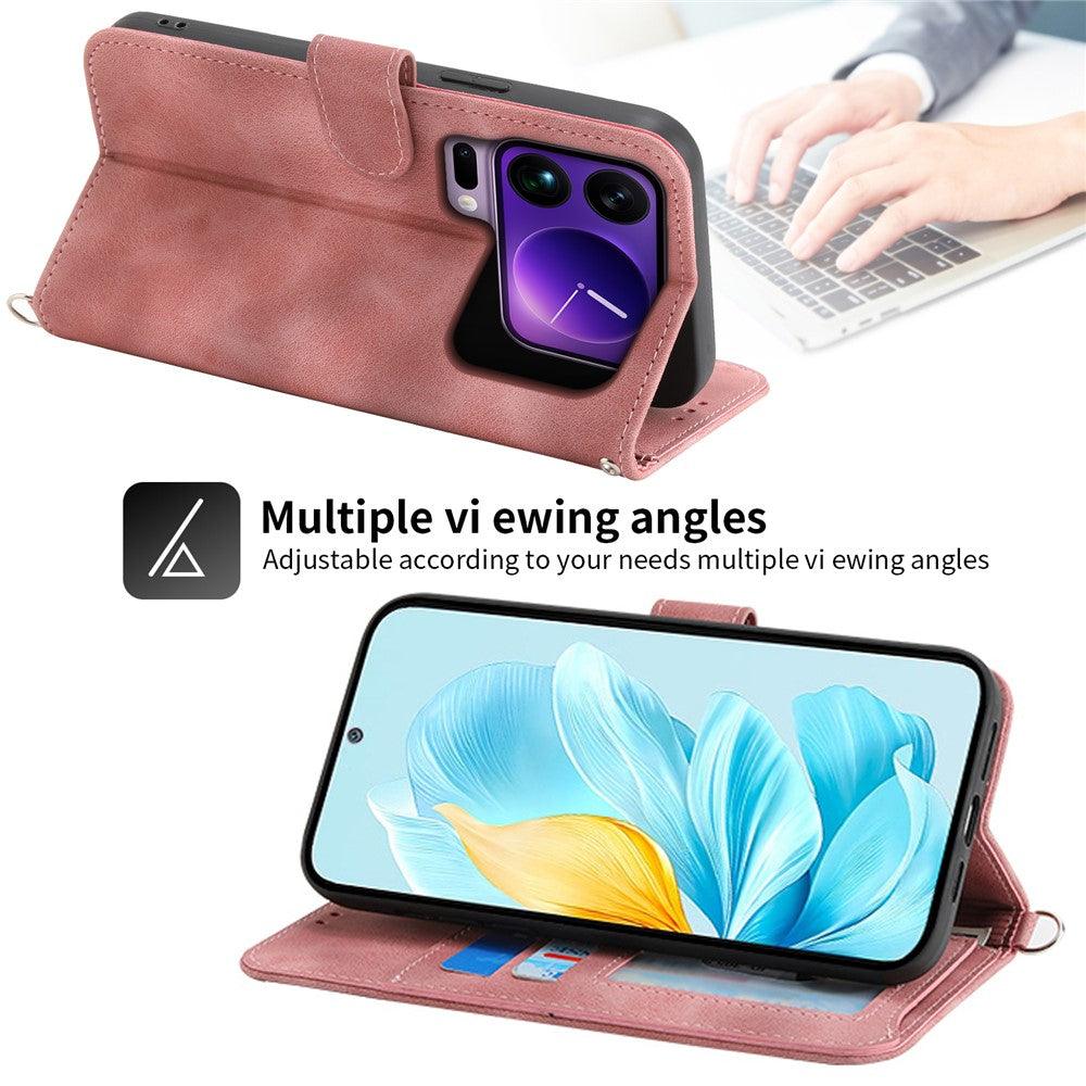 For Xiaomi 17 Pro Max Case Flower Pattern PU Leather Wallet Phone Cover with Strap - Pink