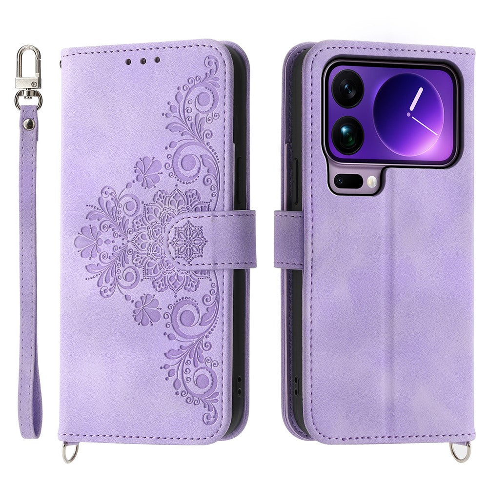 For Xiaomi 17 Pro Max Case Flower Pattern PU Leather Wallet Phone Cover with Strap - Light Purple