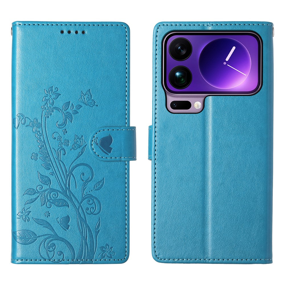 For Xiaomi 17 Pro Max Wallet Case Butterfly Floral Imprint PU Leather Phone Cover with Wrist Strap - Blue