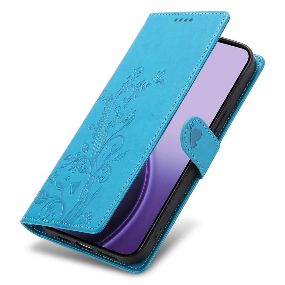 For Xiaomi 17 Pro Max Wallet Case Butterfly Floral Imprint PU Leather Phone Cover with Wrist Strap - Blue