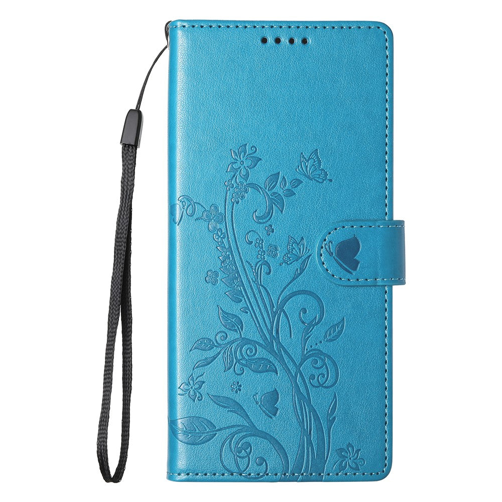 For Xiaomi 17 Pro Max Wallet Case Butterfly Floral Imprint PU Leather Phone Cover with Wrist Strap - Blue