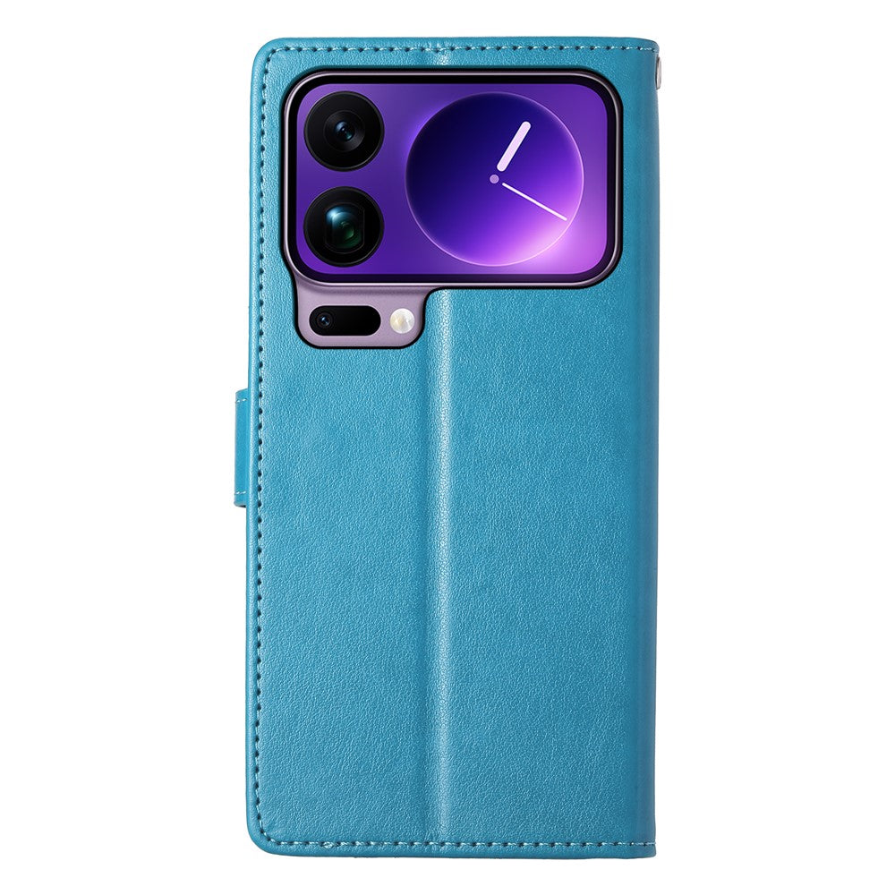For Xiaomi 17 Pro Max Wallet Case Butterfly Floral Imprint PU Leather Phone Cover with Wrist Strap - Blue
