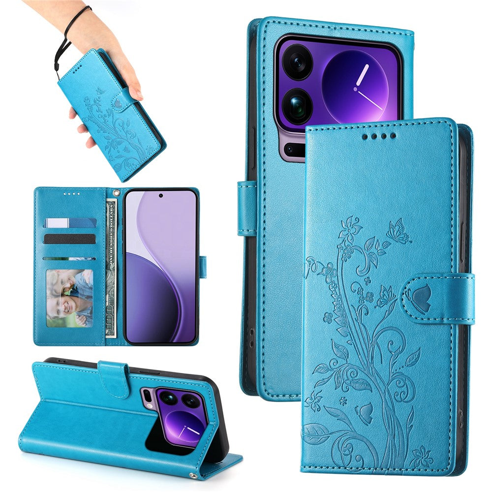 For Xiaomi 17 Pro Max Wallet Case Butterfly Floral Imprint PU Leather Phone Cover with Wrist Strap - Blue
