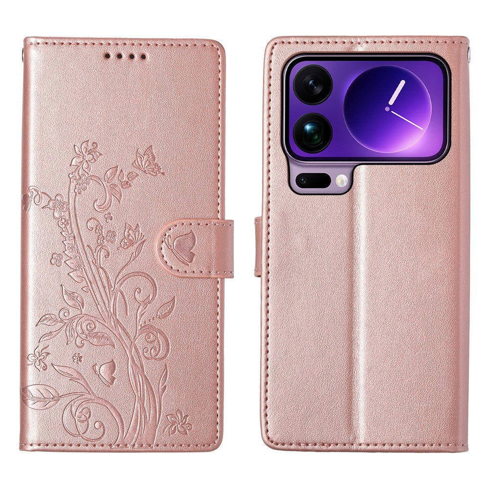 For Xiaomi 17 Pro Max Wallet Case Butterfly Floral Imprint PU Leather Phone Cover with Wrist Strap - Rose Gold