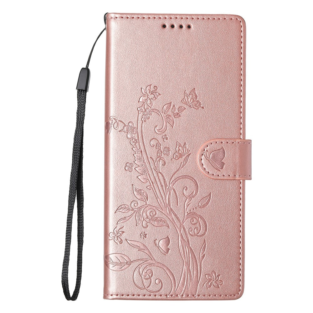 For Xiaomi 17 Pro Max Wallet Case Butterfly Floral Imprint PU Leather Phone Cover with Wrist Strap - Rose Gold