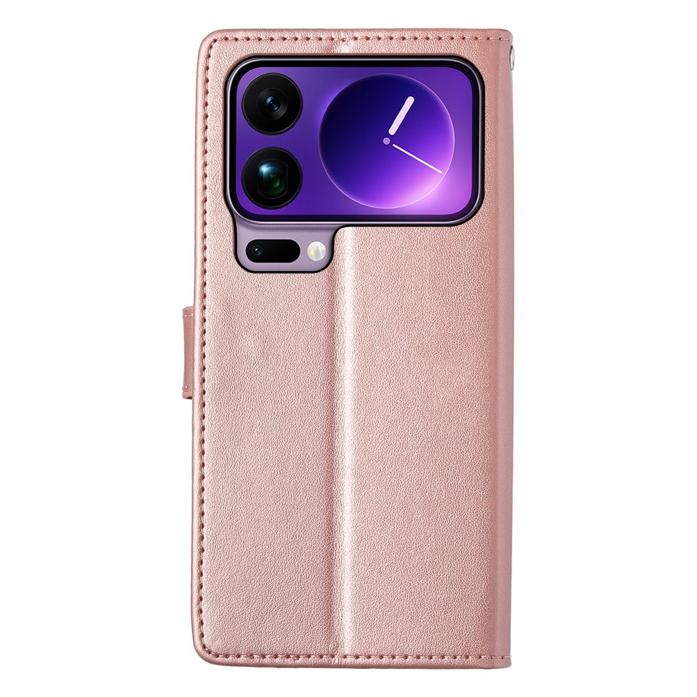 For Xiaomi 17 Pro Max Wallet Case Butterfly Floral Imprint PU Leather Phone Cover with Wrist Strap - Rose Gold