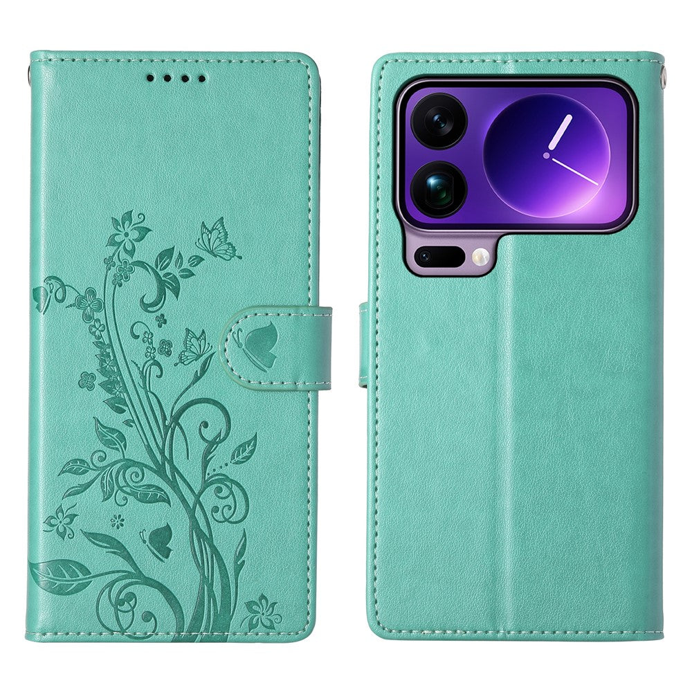 For Xiaomi 17 Pro Max Wallet Case Butterfly Floral Imprint PU Leather Phone Cover with Wrist Strap - Green