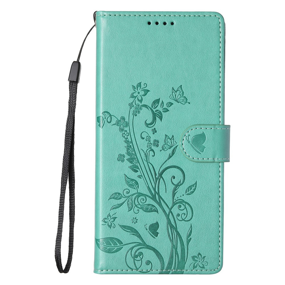 For Xiaomi 17 Pro Max Wallet Case Butterfly Floral Imprint PU Leather Phone Cover with Wrist Strap - Green