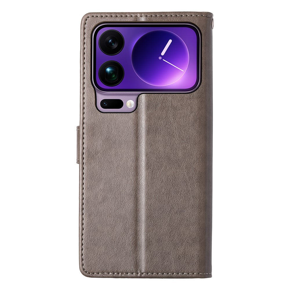 For Xiaomi 17 Pro Max Wallet Case Butterfly Floral Imprint PU Leather Phone Cover with Wrist Strap - Grey