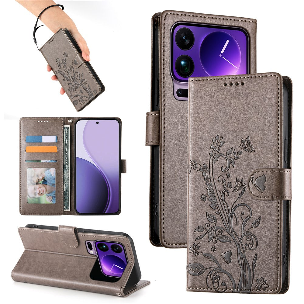 For Xiaomi 17 Pro Max Wallet Case Butterfly Floral Imprint PU Leather Phone Cover with Wrist Strap - Grey