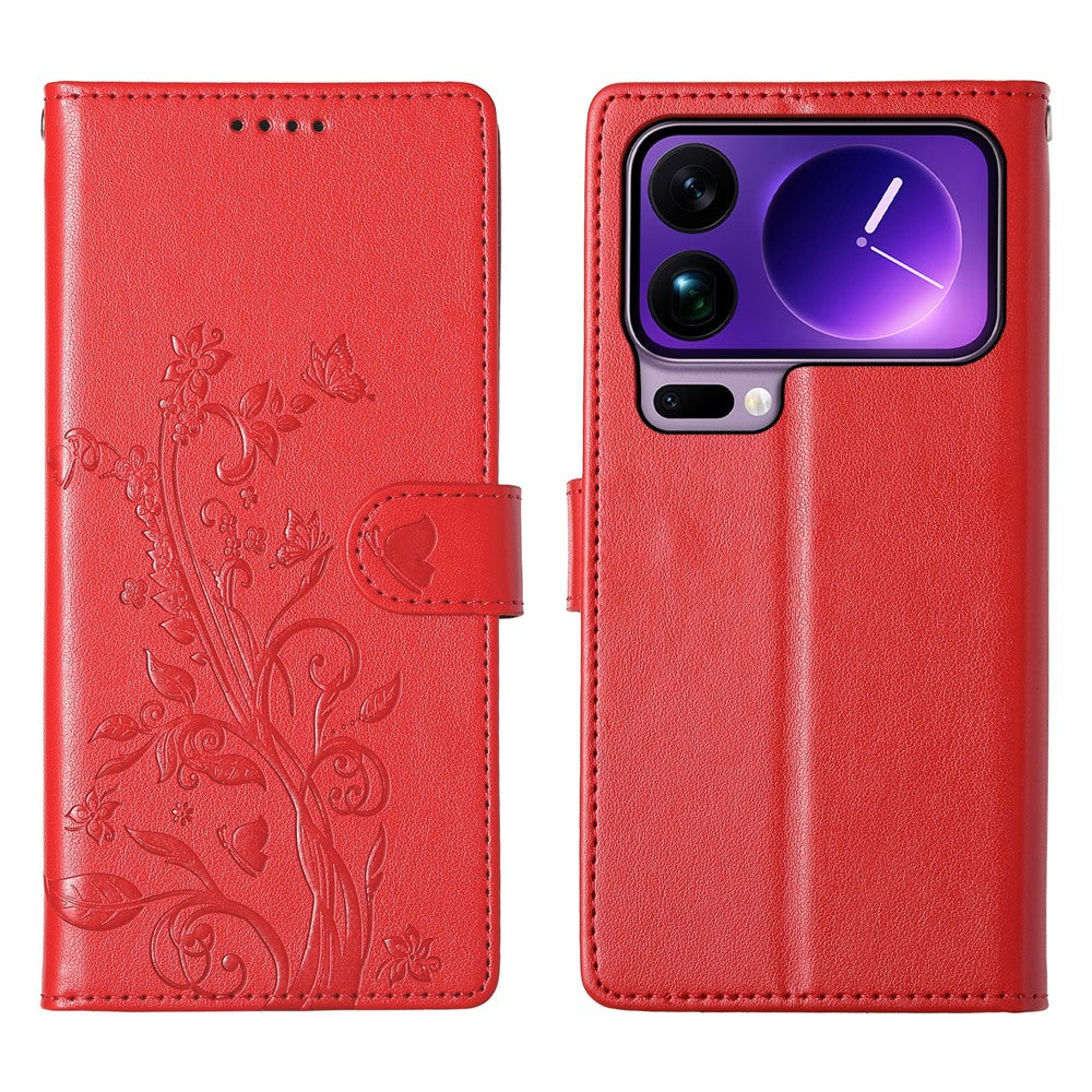 For Xiaomi 17 Pro Max Wallet Case Butterfly Floral Imprint PU Leather Phone Cover with Wrist Strap - Red