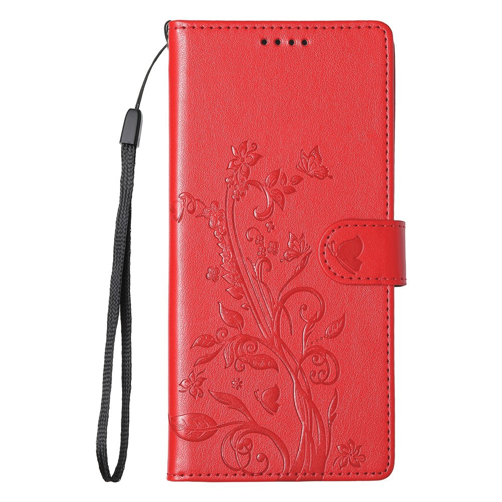 For Xiaomi 17 Pro Max Wallet Case Butterfly Floral Imprint PU Leather Phone Cover with Wrist Strap - Red