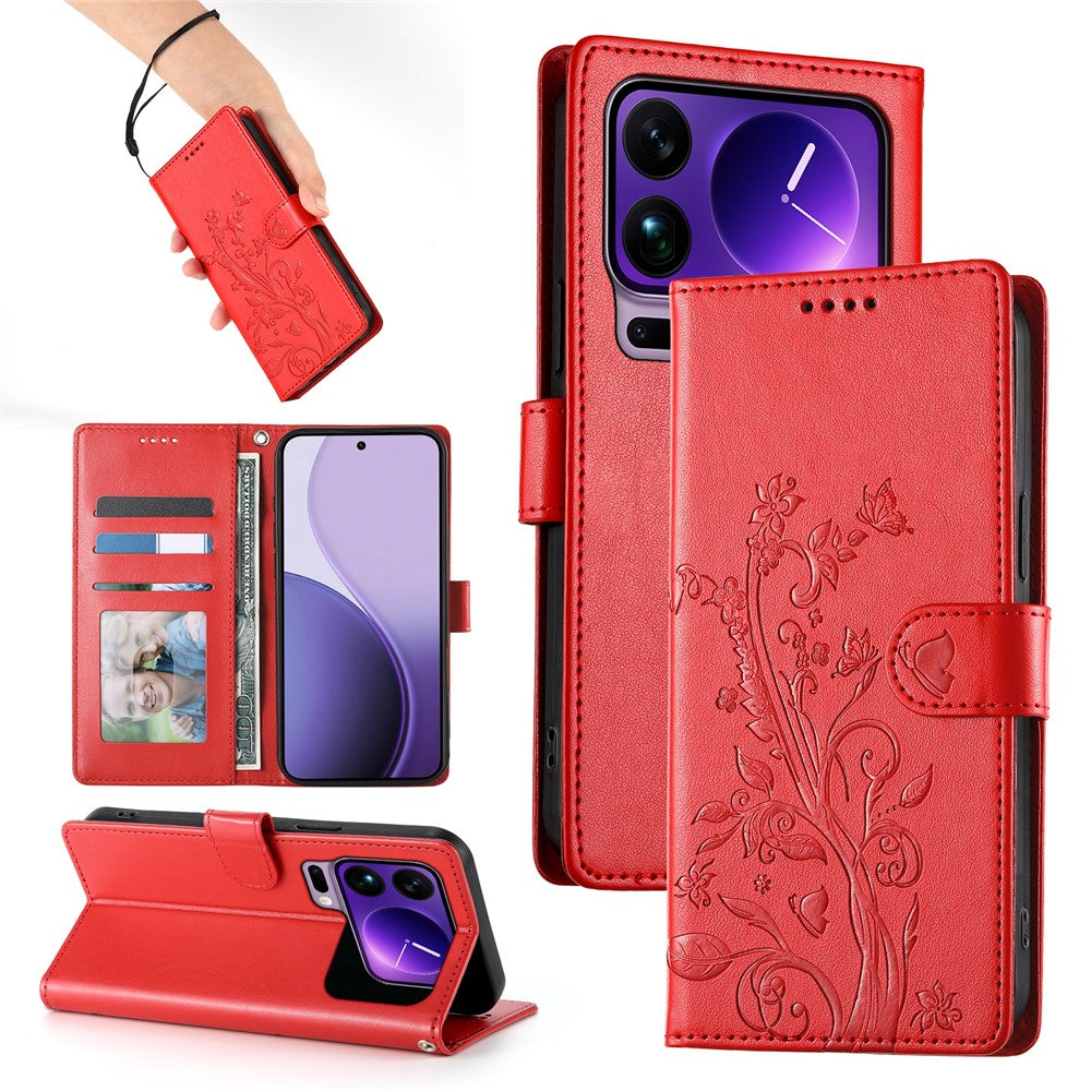 For Xiaomi 17 Pro Max Wallet Case Butterfly Floral Imprint PU Leather Phone Cover with Wrist Strap - Red