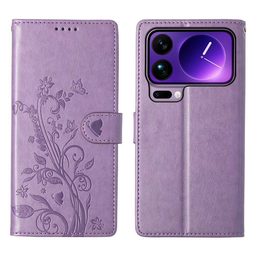 For Xiaomi 17 Pro Max Wallet Case Butterfly Floral Imprint PU Leather Phone Cover with Wrist Strap - Purple
