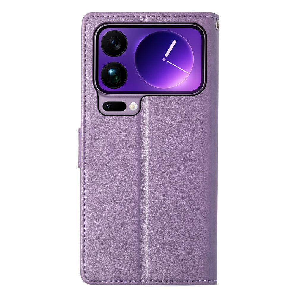 For Xiaomi 17 Pro Max Wallet Case Butterfly Floral Imprint PU Leather Phone Cover with Wrist Strap - Purple