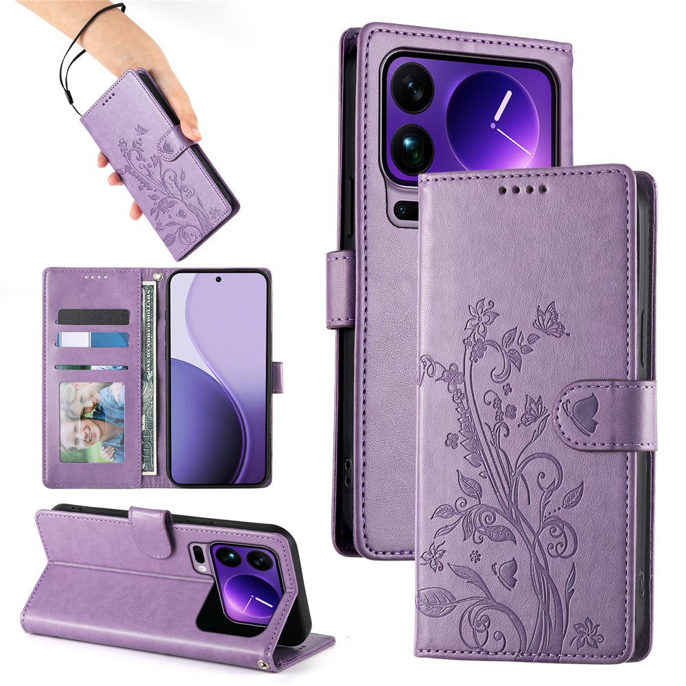For Xiaomi 17 Pro Max Wallet Case Butterfly Floral Imprint PU Leather Phone Cover with Wrist Strap - Purple
