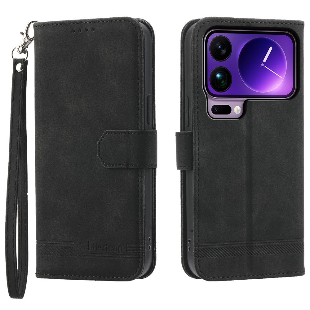 DIERFENG DF-03 For Xiaomi 17 Pro Max Case Lines Imprint Wallet Leather Phone Cover with Wrist Strap - Black