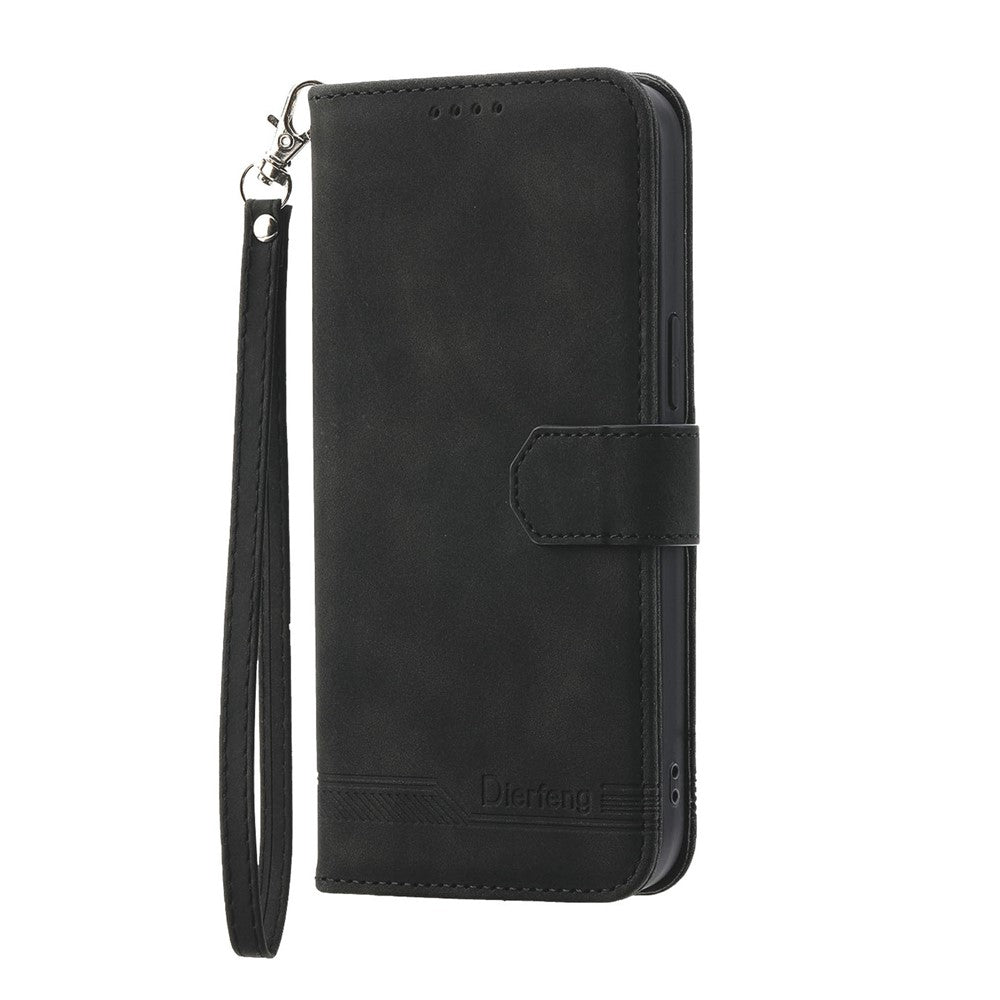 DIERFENG DF-03 For Xiaomi 17 Pro Max Case Lines Imprint Wallet Leather Phone Cover with Wrist Strap - Black