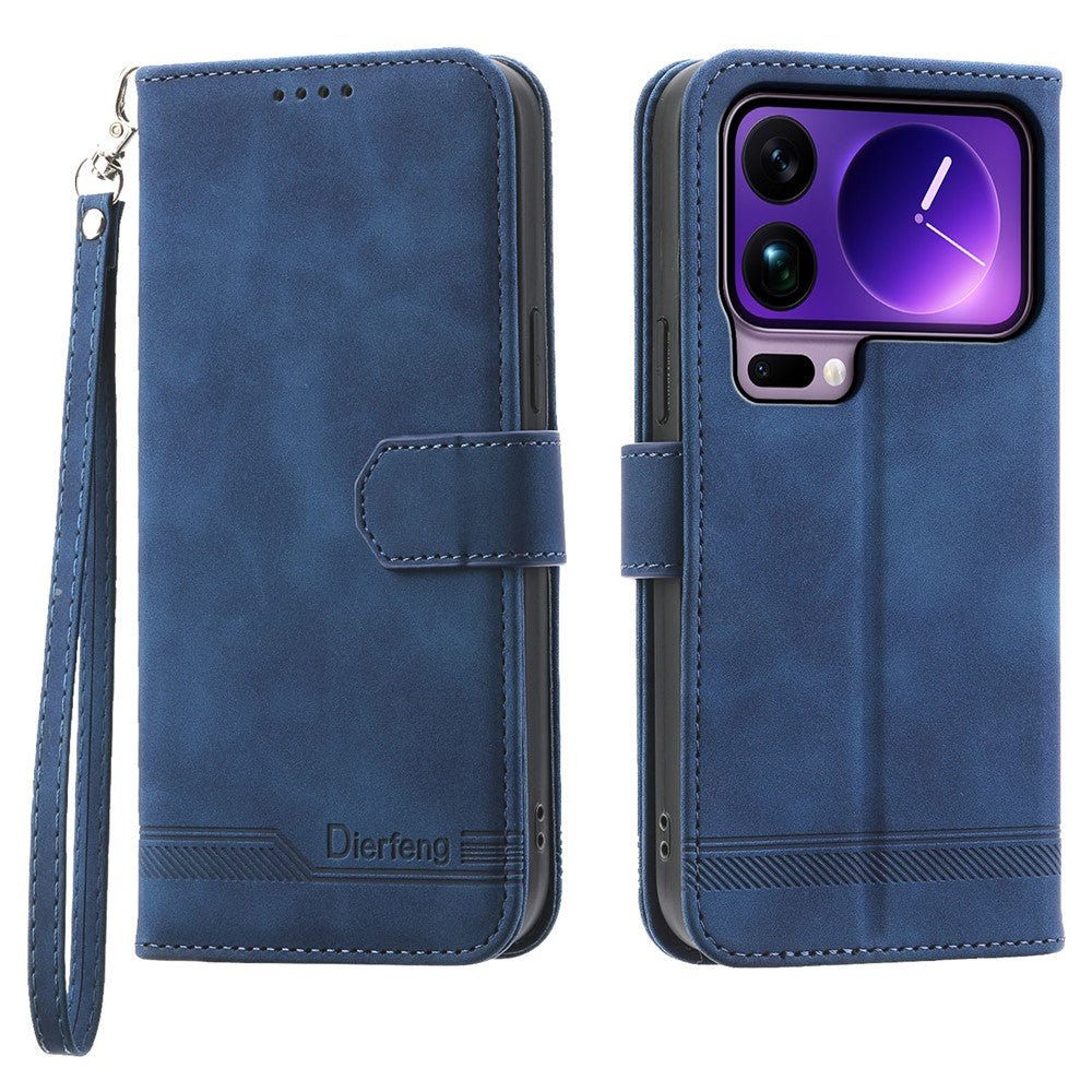 DIERFENG DF-03 For Xiaomi 17 Pro Max Case Lines Imprint Wallet Leather Phone Cover with Wrist Strap - Blue