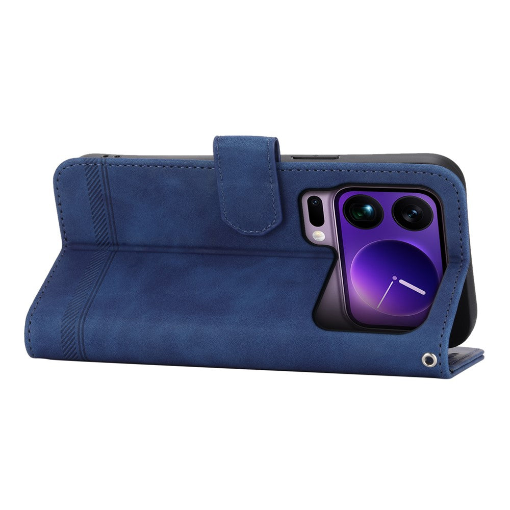 DIERFENG DF-03 For Xiaomi 17 Pro Max Case Lines Imprint Wallet Leather Phone Cover with Wrist Strap - Blue