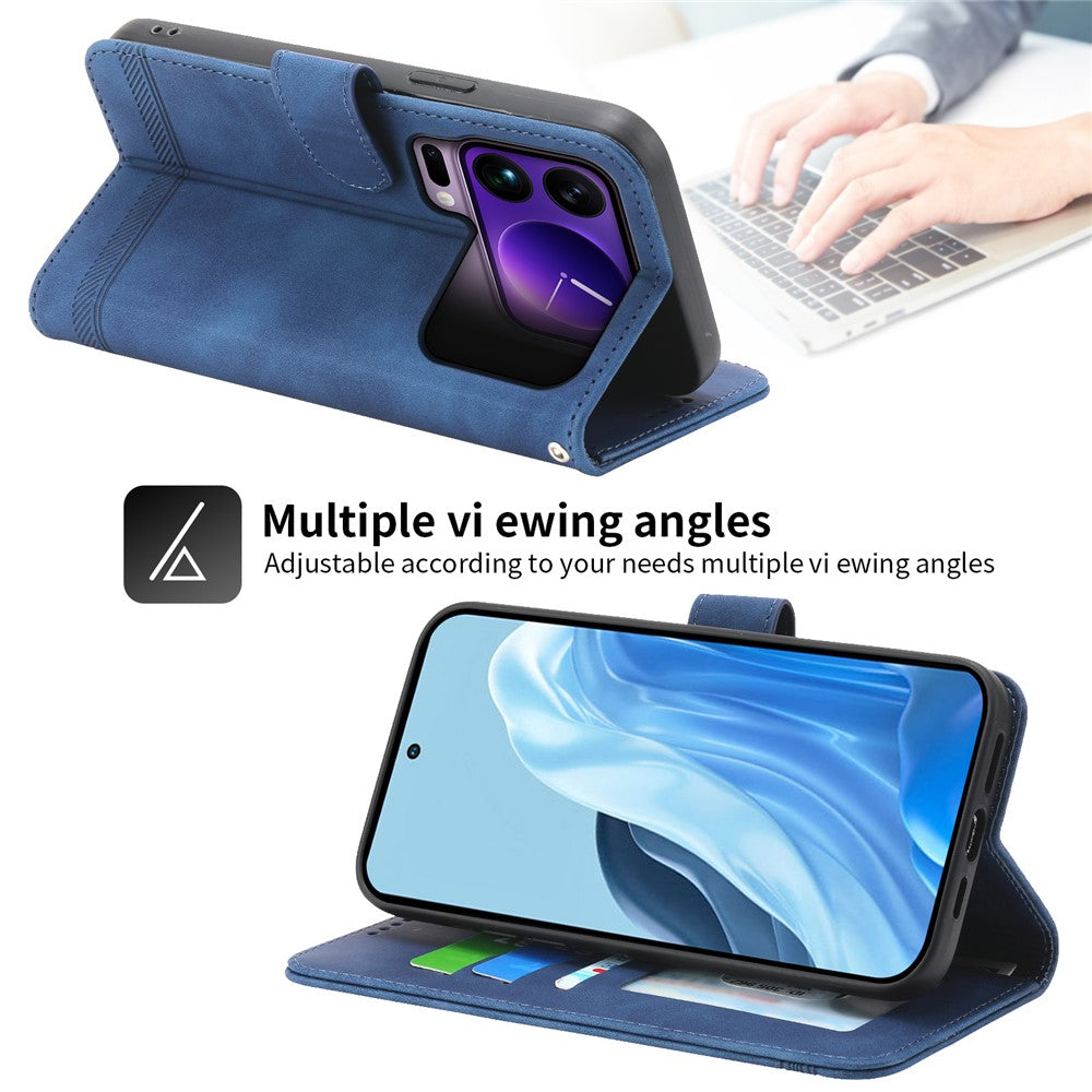 DIERFENG DF-03 For Xiaomi 17 Pro Max Case Lines Imprint Wallet Leather Phone Cover with Wrist Strap - Blue