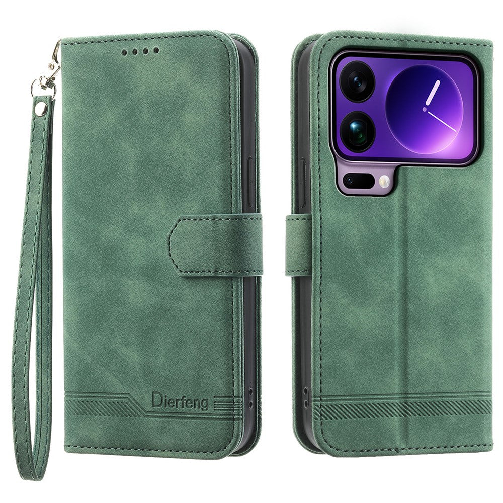 DIERFENG DF-03 For Xiaomi 17 Pro Max Case Lines Imprint Wallet Leather Phone Cover with Wrist Strap - Green