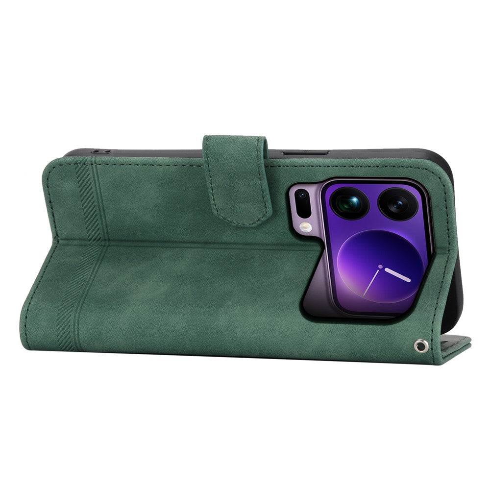 DIERFENG DF-03 For Xiaomi 17 Pro Max Case Lines Imprint Wallet Leather Phone Cover with Wrist Strap - Green