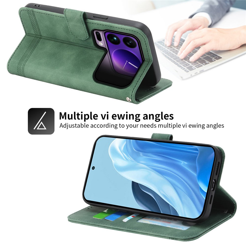 DIERFENG DF-03 For Xiaomi 17 Pro Max Case Lines Imprint Wallet Leather Phone Cover with Wrist Strap - Green