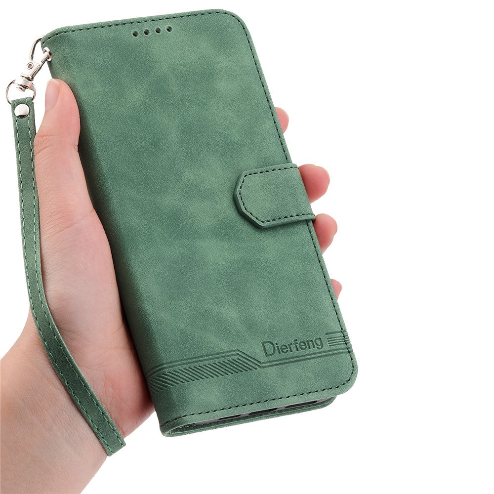 DIERFENG DF-03 For Xiaomi 17 Pro Max Case Lines Imprint Wallet Leather Phone Cover with Wrist Strap - Green