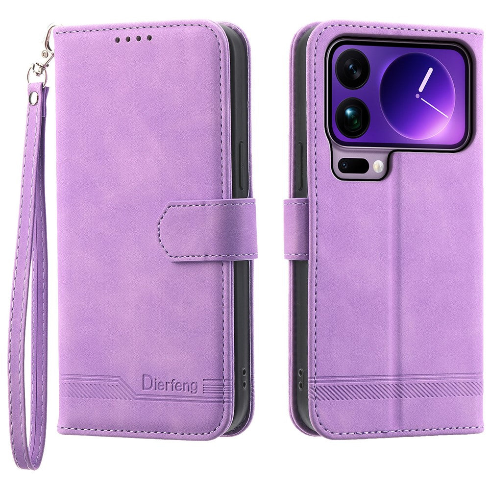DIERFENG DF-03 For Xiaomi 17 Pro Max Case Lines Imprint Wallet Leather Phone Cover with Wrist Strap - Purple